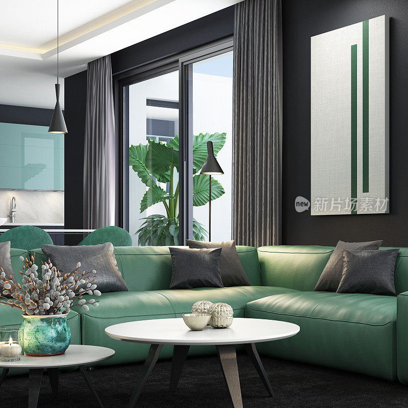 Luxury black and green interior living room with modern minimalist Italian style open space kitchen